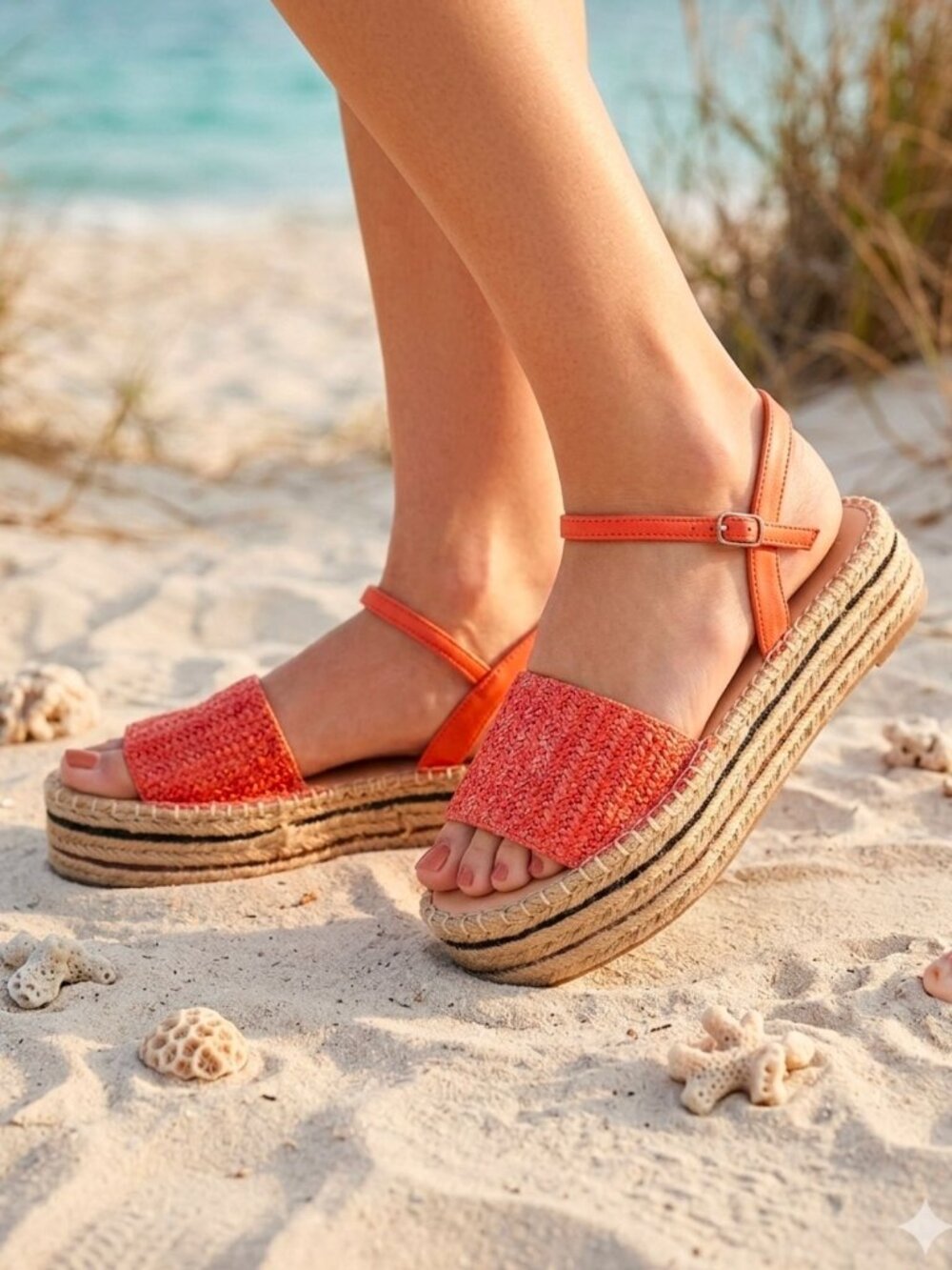 Womens Coral Straw Espadrille Platform Sandals With Adjustable Ankle Strap - Sum